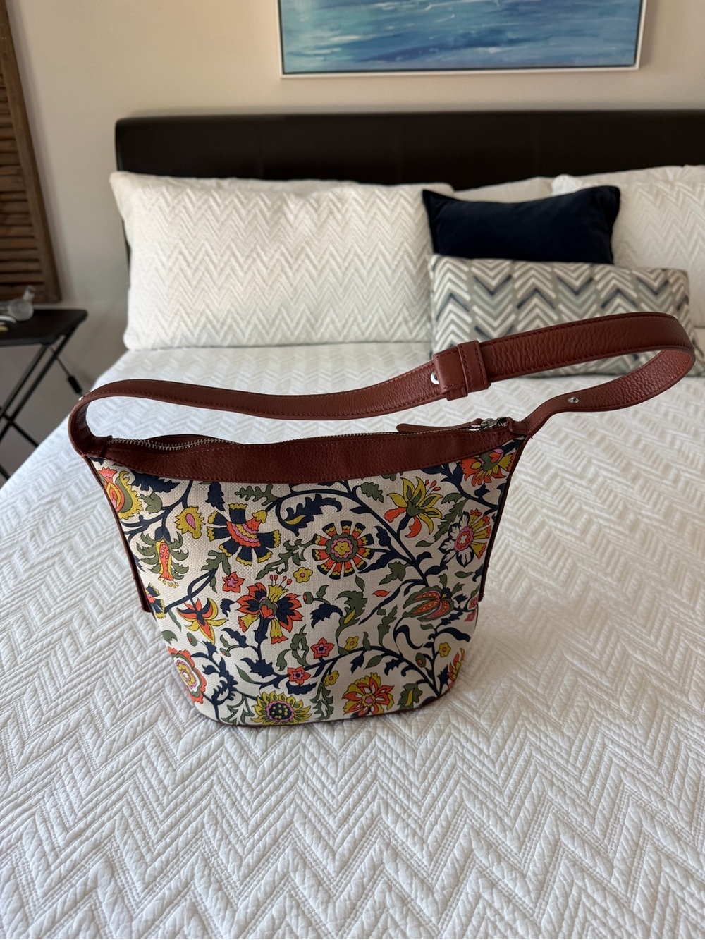 Vera Bradley Floral Canvas Bucket Shoulder Bag in Cream, Navy & Brown